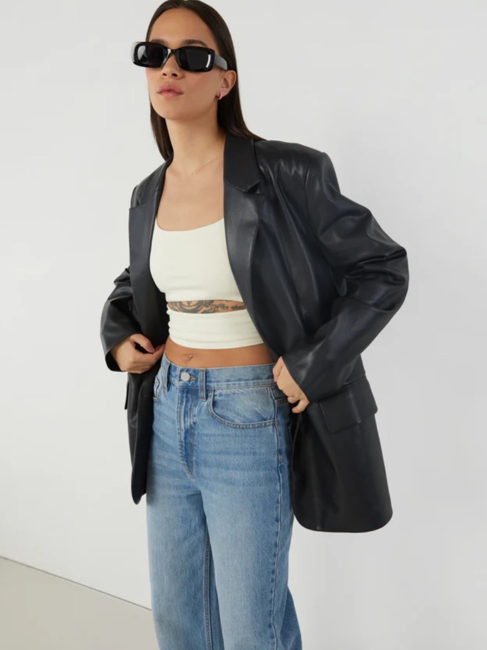 OAK + FORT Black Oversized Faux Leather Blazer Jacket Size XS
